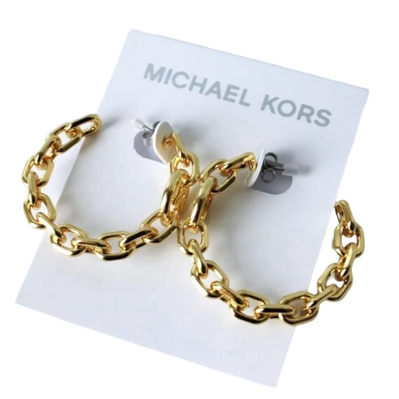 Michael Kors NWT Beautiful Chunky Gold Tone Chain MK Logo Hoop Earrings (J057) - Picture 4 of 5